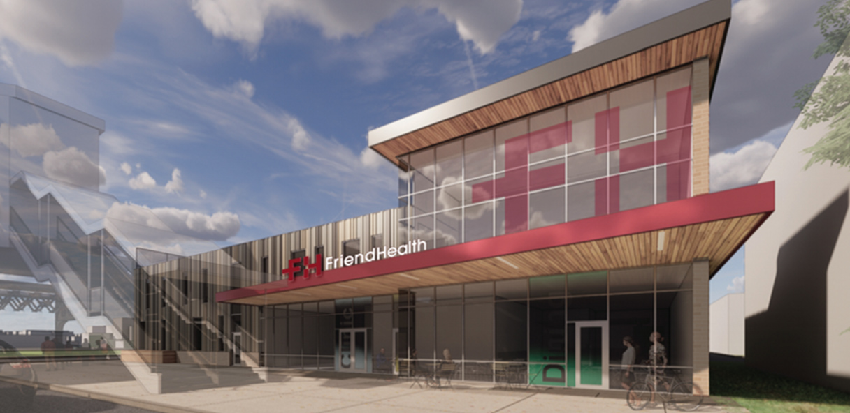 Rendering of building with large red FH iin upper-story windows.